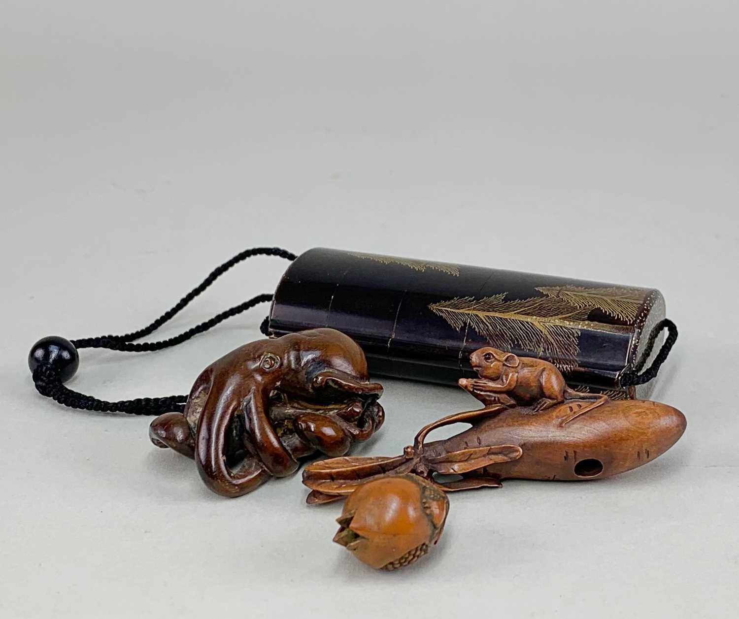 JAPANESE FOUR CASE BLACK LACQUER INRO, TWO NETSUKE & OJIME, the inro decorted in hiramakie and