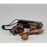JAPANESE FOUR CASE BLACK LACQUER INRO, TWO NETSUKE & OJIME, the inro decorted in hiramakie and