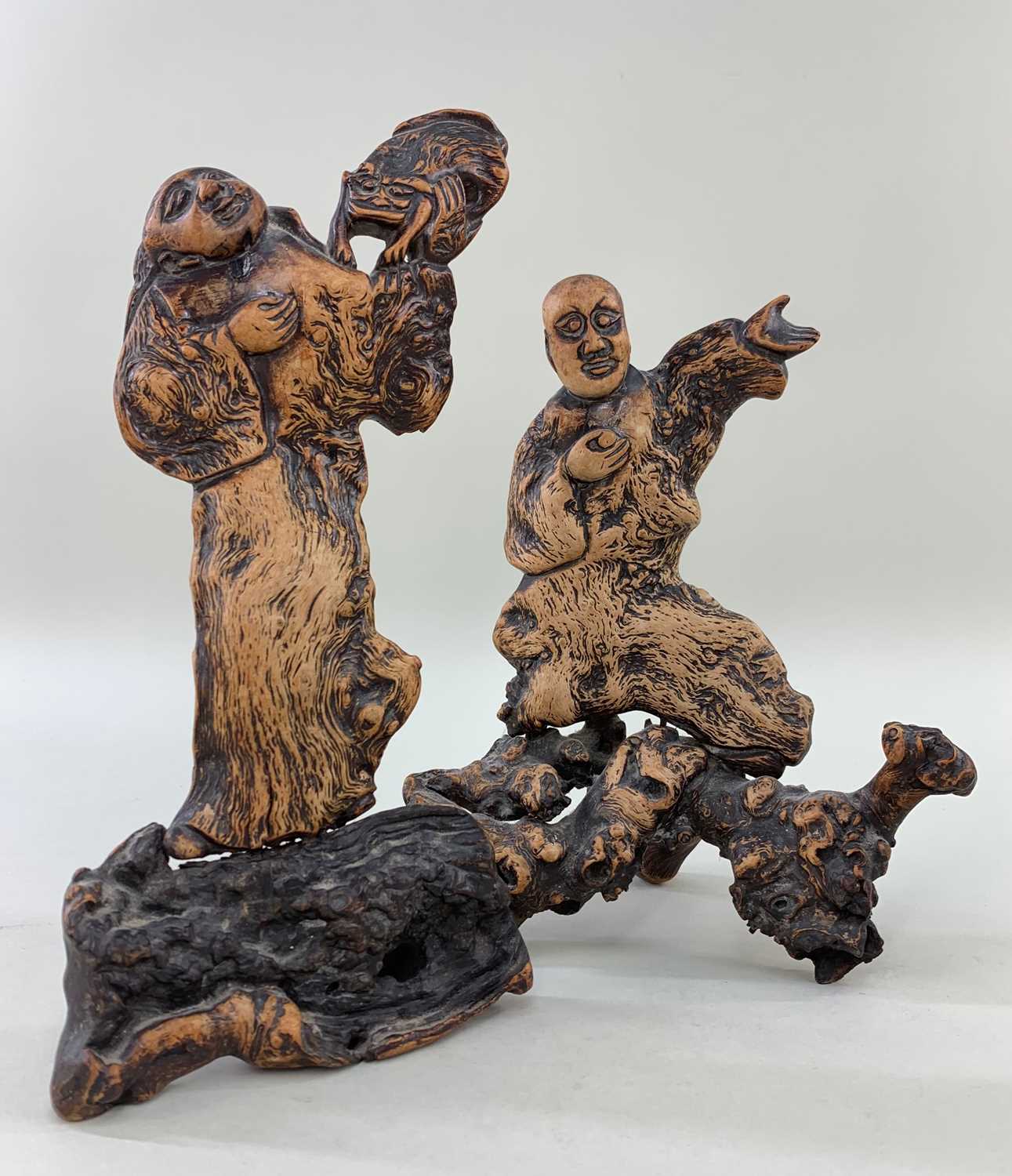FIVE CHINESE WOOD CARVINGS, comprising boxwood figure of Liu Hai seated on rock with the three - Image 2 of 7