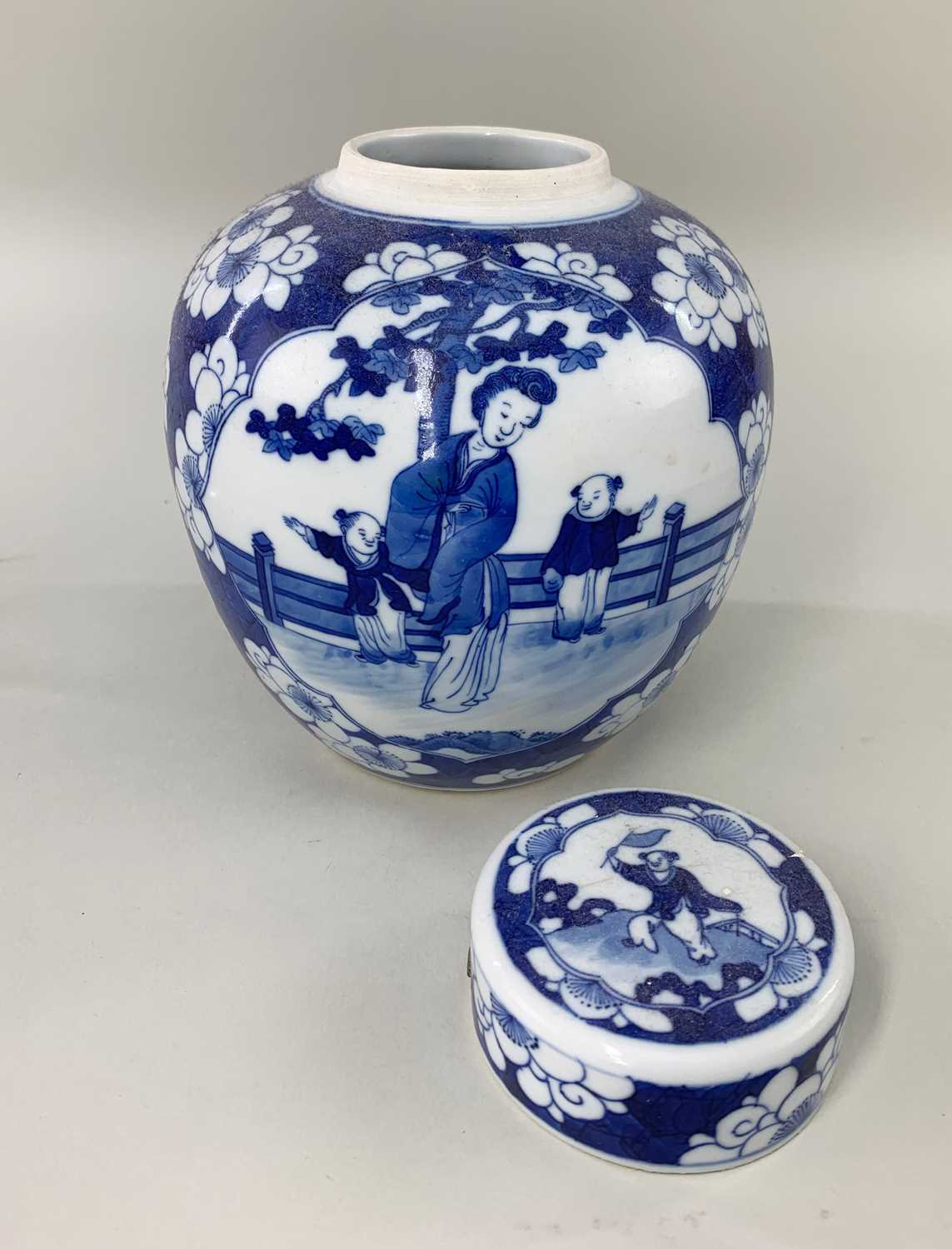 CHINESE BLUE & WHITE PORCLEAIN JAR & COVER, painted in the Kangxi-style with panels of ladies and - Image 3 of 28