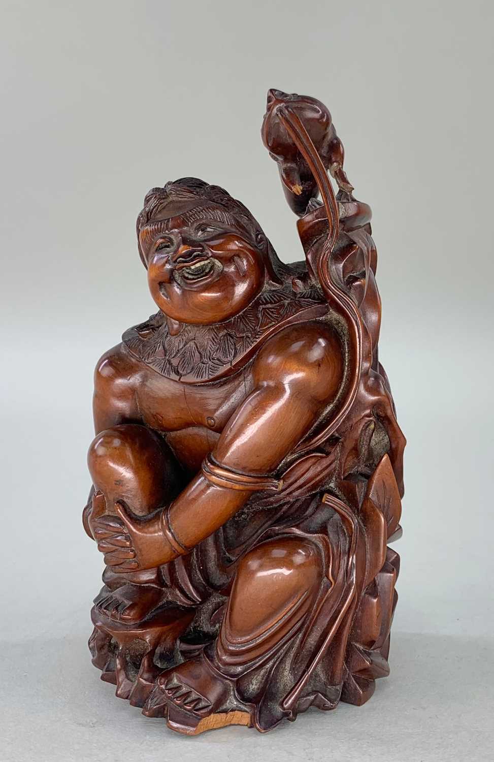 FIVE CHINESE WOOD CARVINGS, comprising boxwood figure of Liu Hai seated on rock with the three - Image 6 of 7