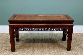 CHINESE HONGMU & HUAMU-INSET LOW TABLE, above fretwork frieze on carved square legs, scrolled