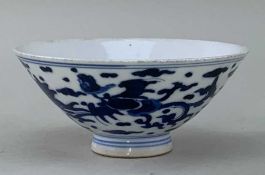CHINESE BLUE & WHITE PORCELAIN CONICAL BOWL, 4-character ping you kun shan mark, outside painted