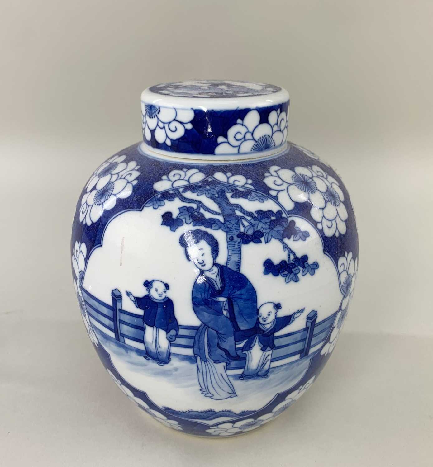 CHINESE BLUE & WHITE PORCLEAIN JAR & COVER, painted in the Kangxi-style with panels of ladies and - Image 2 of 28