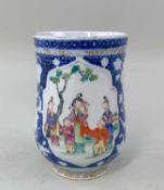 CHINESE FAMILLE ROSE PORCELAIN BALUSTER TANKARD, Qianlong, painted with five figures in a garden