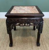 CHINESE HARDWOOD & VARIAGATED MARBLE INSET SQUARE TABLE, probably hongmu, with scrolling lotus