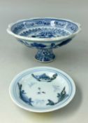 CHINESE BLUE & WHITE PORCELAIN STEM DISH & SAUCER, stem dish painted in the Yuan style with a carp