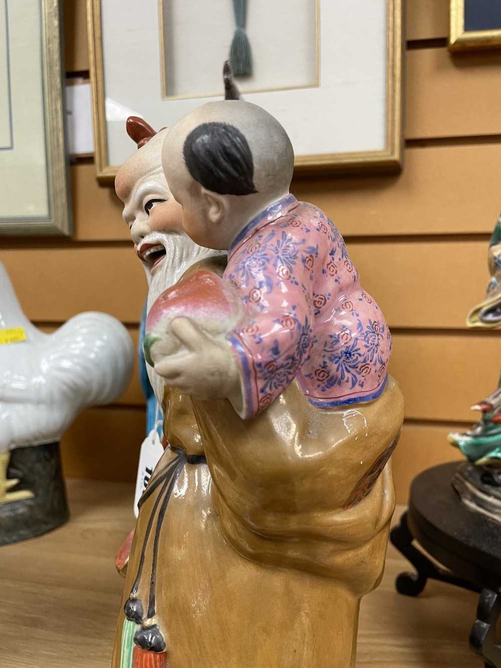 CHINESE FAMILLE ROSE PORCELAIN FIGURE OF SHOULAO, late Qing or Republic, standing with gnarled staff - Image 5 of 20