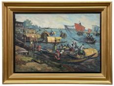 MATIN (Mid-Century South Asian School) oil on board - fisherman unloading their catch, signed '