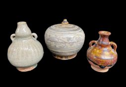 THREE OLD THAI CERAMICS, all 14th-16th C., including Swankalok stoneware jar & cover painted with