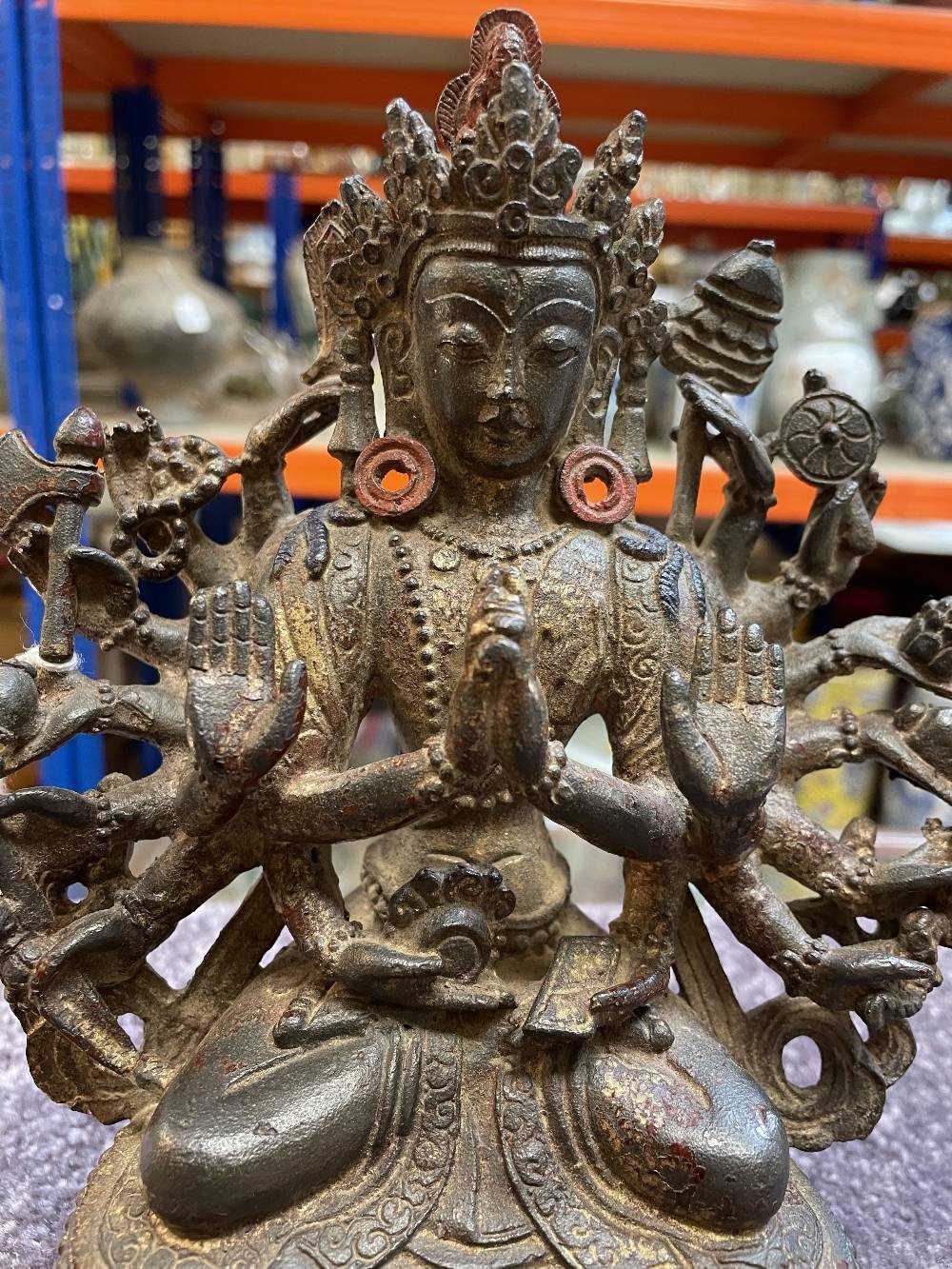 TIBETAN BRONZE FIGURE OF AVALOKITESHVARA, 18th/19th Century, eighteen arm bodhisattva seated on - Image 13 of 14