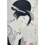 KITAGAWA UTAMARO, Woman threading needle, or Vulgar Wife (Gehinno Nyobe), oban nishiki-e, from Tosei