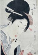 KITAGAWA UTAMARO, Woman threading needle, or Vulgar Wife (Gehinno Nyobe), oban nishiki-e, from Tosei