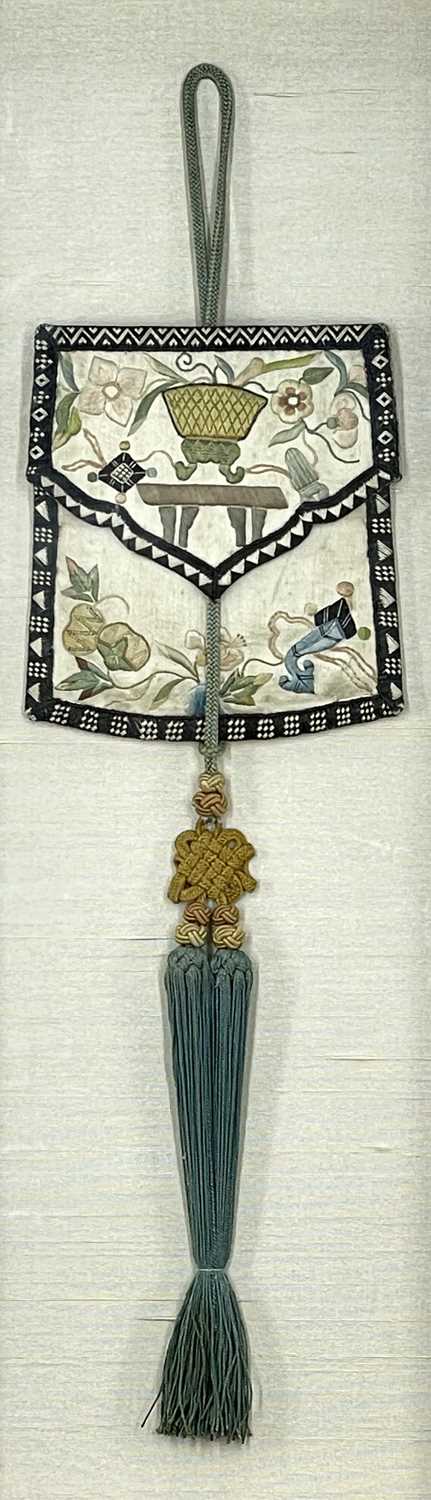 CHINESE EMBROIDERED SILK FLAP PURSE, 19th Century, purse 12cm x 10cm (excl. tassel and loop), in