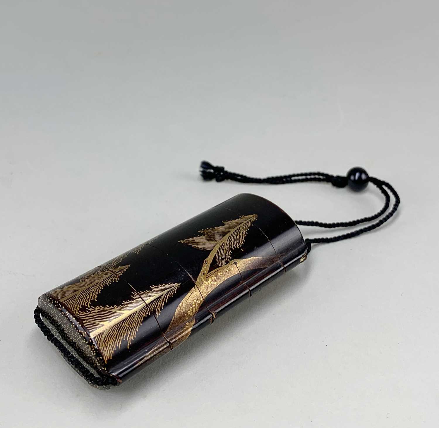 JAPANESE FOUR CASE BLACK LACQUER INRO, TWO NETSUKE & OJIME, the inro decorted in hiramakie and - Image 2 of 6