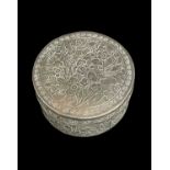 CHINESE WHITE METAL CIRCULAR BOX AND COVER, engraved with birds amongst flowering floiage, 4.8cm