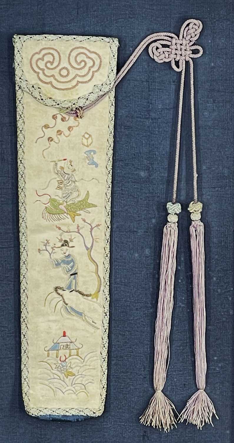 CHINESE EMBROIDERED SILK FAN HOLDER, 19th Century, holder 23 x 16cm (excl. tassels), in silk-lined