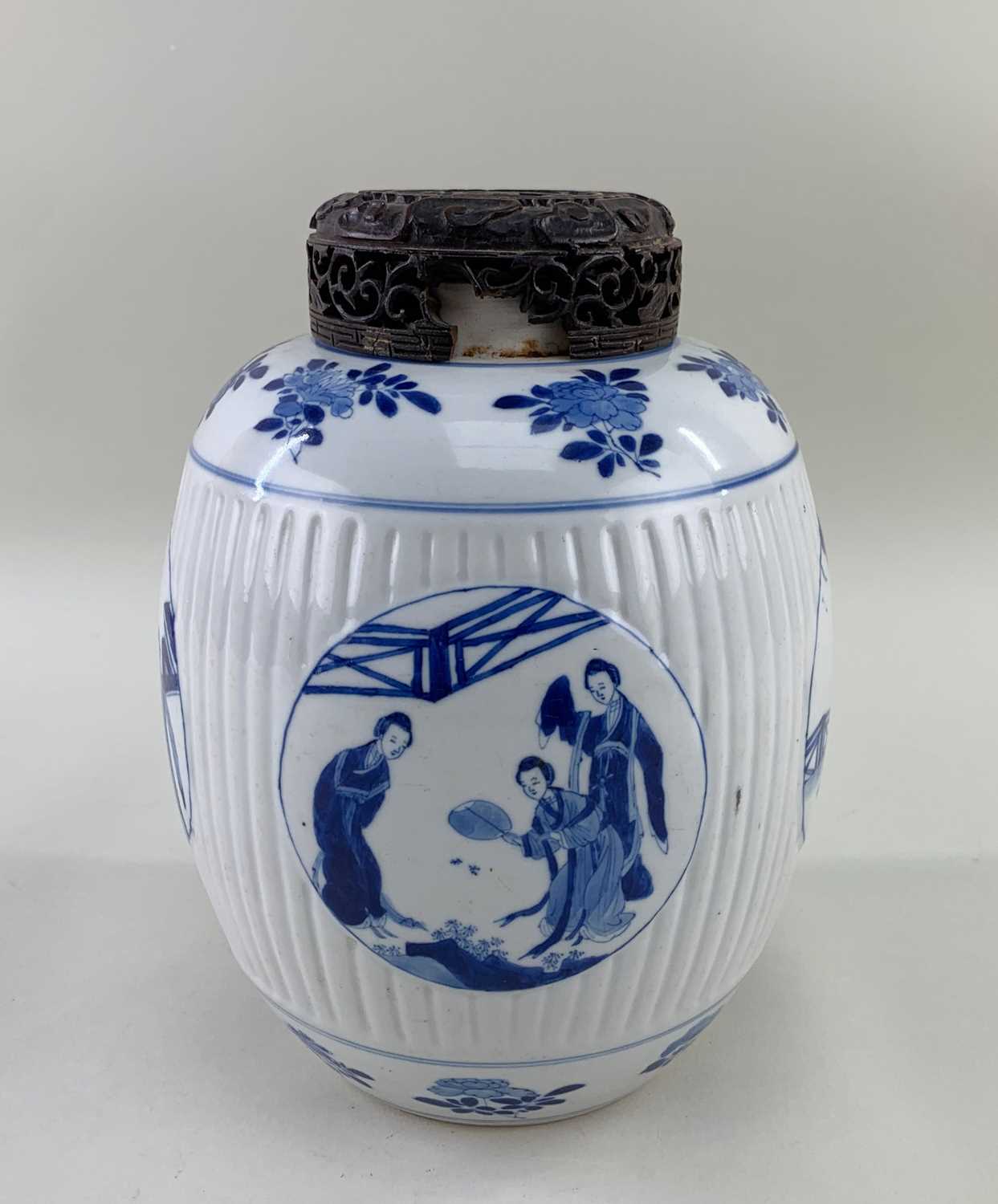 CHINESE BLUE & WHITE PORCELAIN 'LADIES' JAR, Kangxi, ribbed form and painted with four roundels with - Image 2 of 19