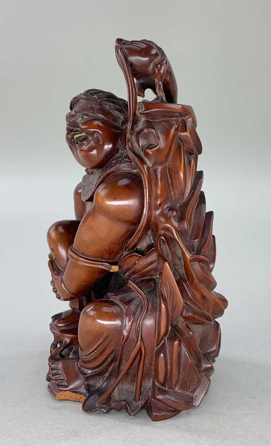 FIVE CHINESE WOOD CARVINGS, comprising boxwood figure of Liu Hai seated on rock with the three - Image 7 of 7