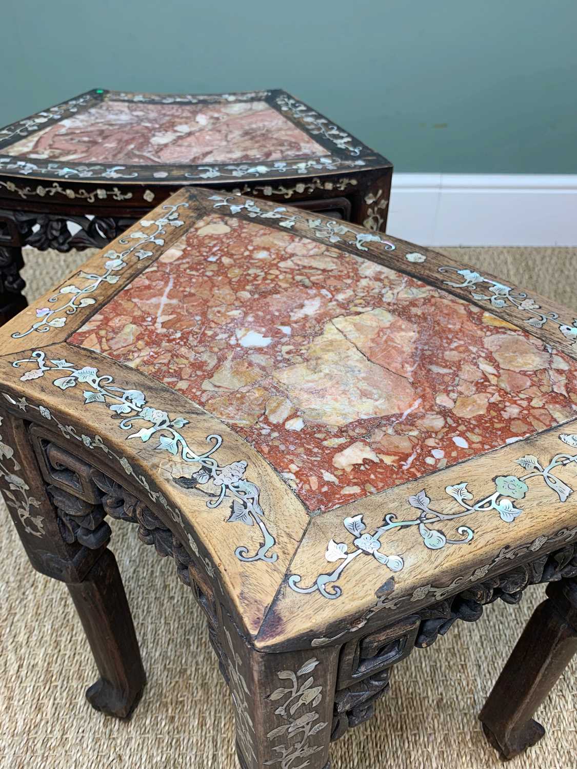 PAIR CHINESE MOTHER OF PEARL INLAID ROSEWOOD & VARIEGATED MARBLE INSET SEGMENT TABLES, carved and - Image 2 of 5