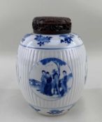 CHINESE BLUE & WHITE PORCELAIN 'LADIES' JAR, Kangxi, ribbed form and painted with four roundels with