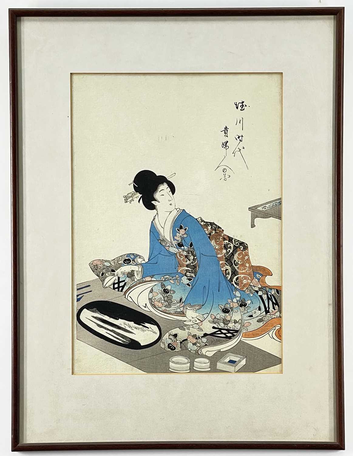 GROUP OF JAPANESE WOODBLOCK PRINTS & A HAGOITA, including oban tat-e of a Kabuki actor playing - Image 8 of 14