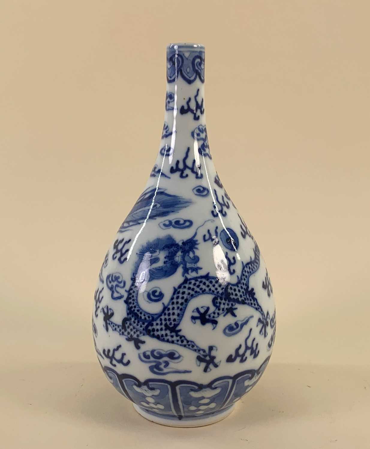 THREE CHINESE BLUE & WHITE PORCELAIN VASES, comprising pair baluster vases painted with 4-clawed - Image 3 of 14