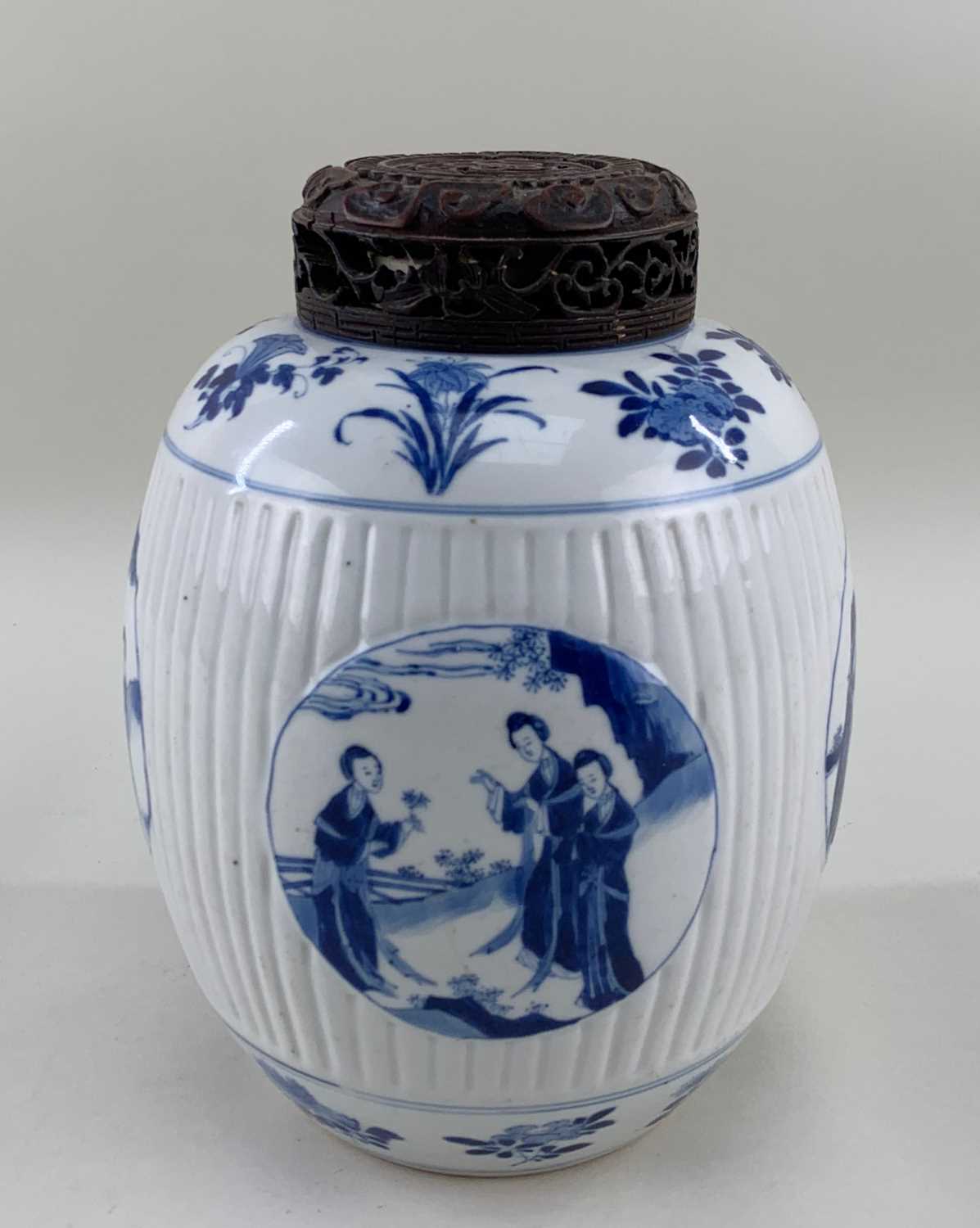 CHINESE BLUE & WHITE PORCELAIN 'LADIES' JAR, Kangxi, ribbed form and painted with four roundels with - Image 4 of 19