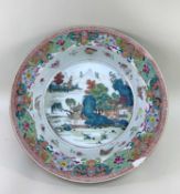 CHINESE FAMILLE ROSE PORCELAIN BASIN, Qianlong, centre painted with mountainous river landscape with