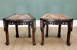 PAIR CHINESE MOTHER OF PEARL INLAID ROSEWOOD & VARIEGATED MARBLE INSET SEGMENT TABLES, carved and