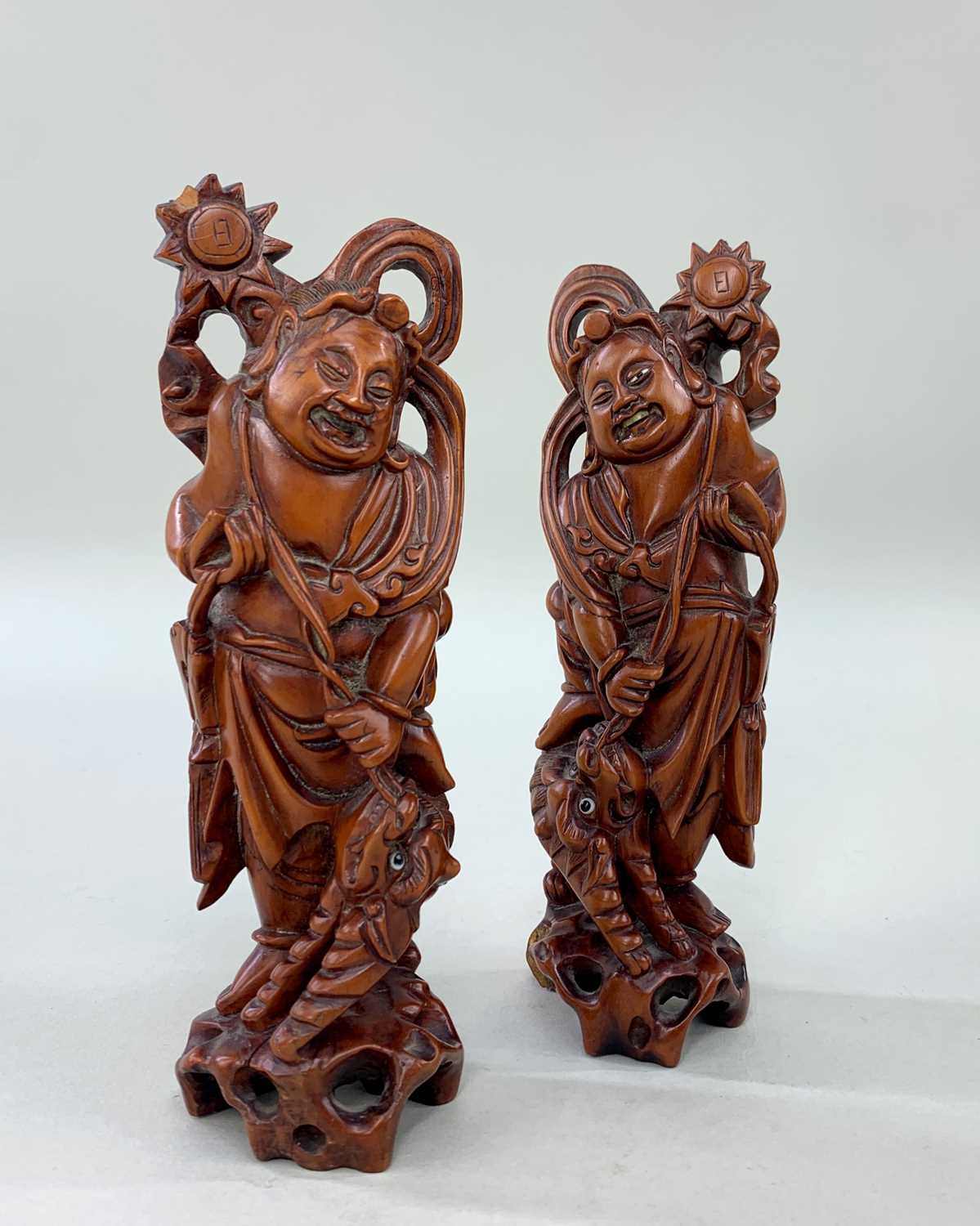 FIVE CHINESE WOOD CARVINGS, comprising boxwood figure of Liu Hai seated on rock with the three - Image 3 of 7