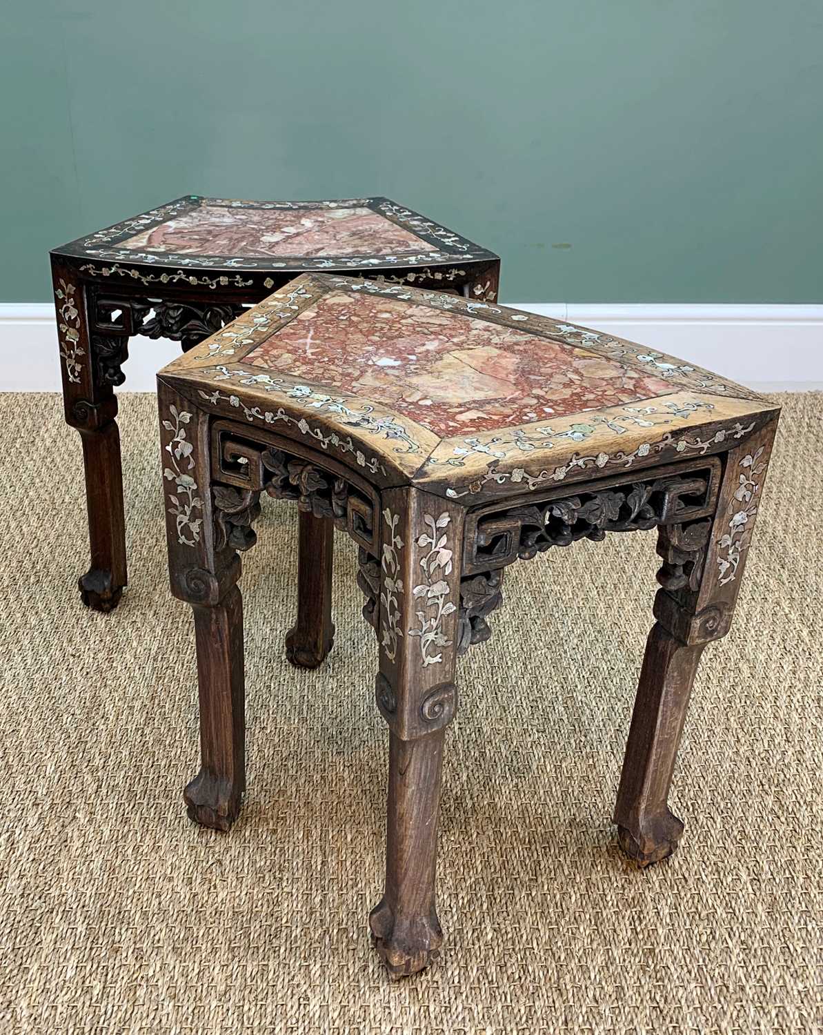 PAIR CHINESE MOTHER OF PEARL INLAID ROSEWOOD & VARIEGATED MARBLE INSET SEGMENT TABLES, carved and - Image 5 of 5