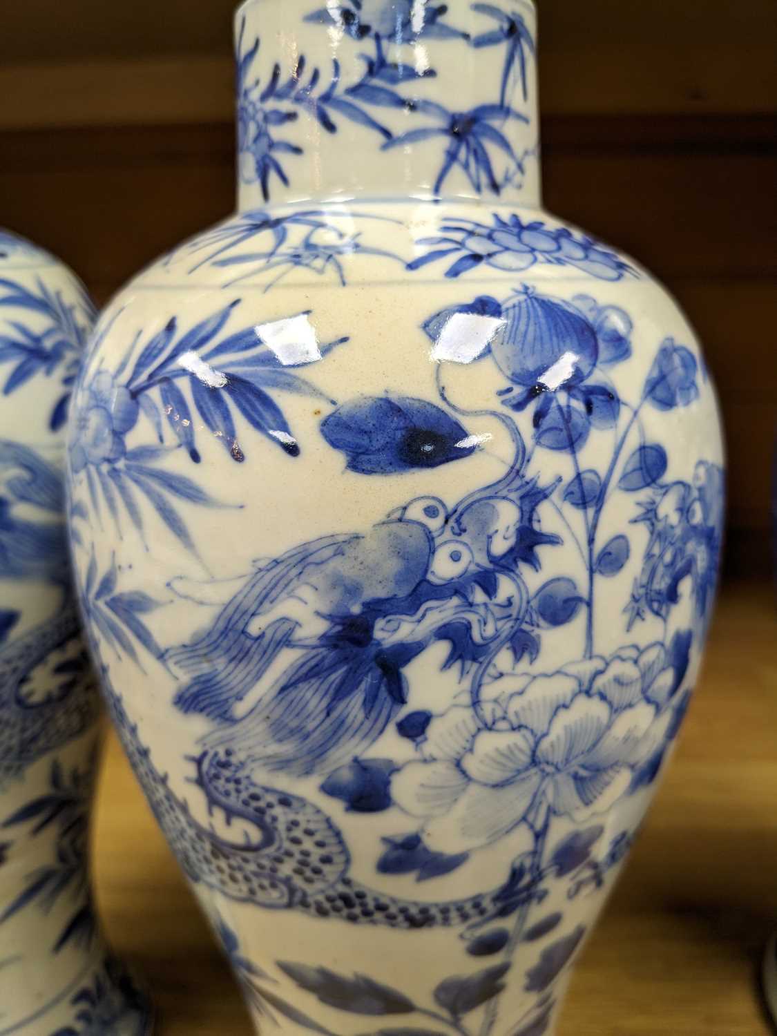 THREE CHINESE BLUE & WHITE PORCELAIN VASES, comprising pair baluster vases painted with 4-clawed - Image 11 of 14