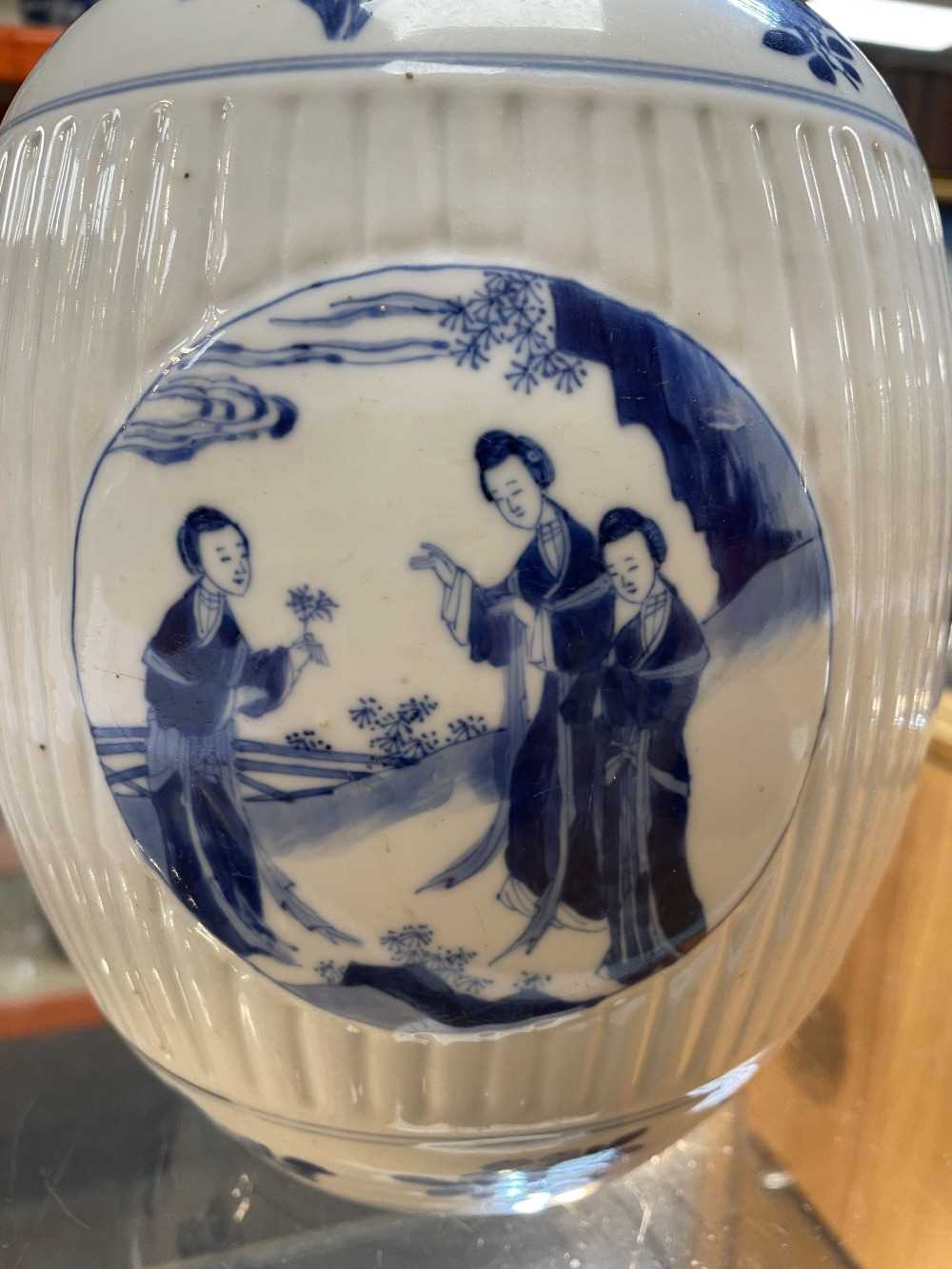 CHINESE BLUE & WHITE PORCELAIN 'LADIES' JAR, Kangxi, ribbed form and painted with four roundels with - Image 10 of 19
