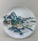 CHINESE FAMILLE ROSE PORCELAIN 'LANDSCAPE' SAUCER DISH, Jiaqing six-character mark, painted with