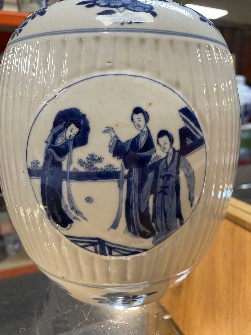 CHINESE BLUE & WHITE PORCELAIN 'LADIES' JAR, Kangxi, ribbed form and painted with four roundels with - Image 12 of 19