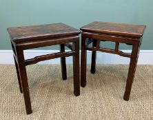 MATCHED PAIR CHINESE HARDWOOD SIDE TABLES, inset rectangular tops above shaped high stretchers,