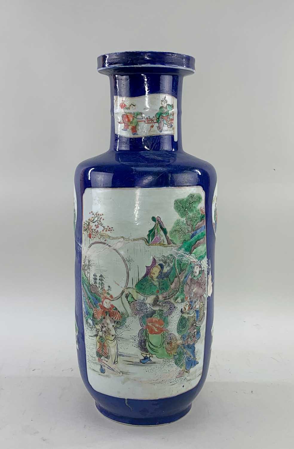 CHINESE FAMILLE VERTE PORCELAIN ROULEAU VASE, Qing Dynasty, painted with high ranking ladies or - Image 2 of 4