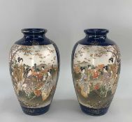 PAIR OF JAPANESE SATSUMA EARTHENWARE VASES, Meiji/Taisho Period, painted with two large panels of