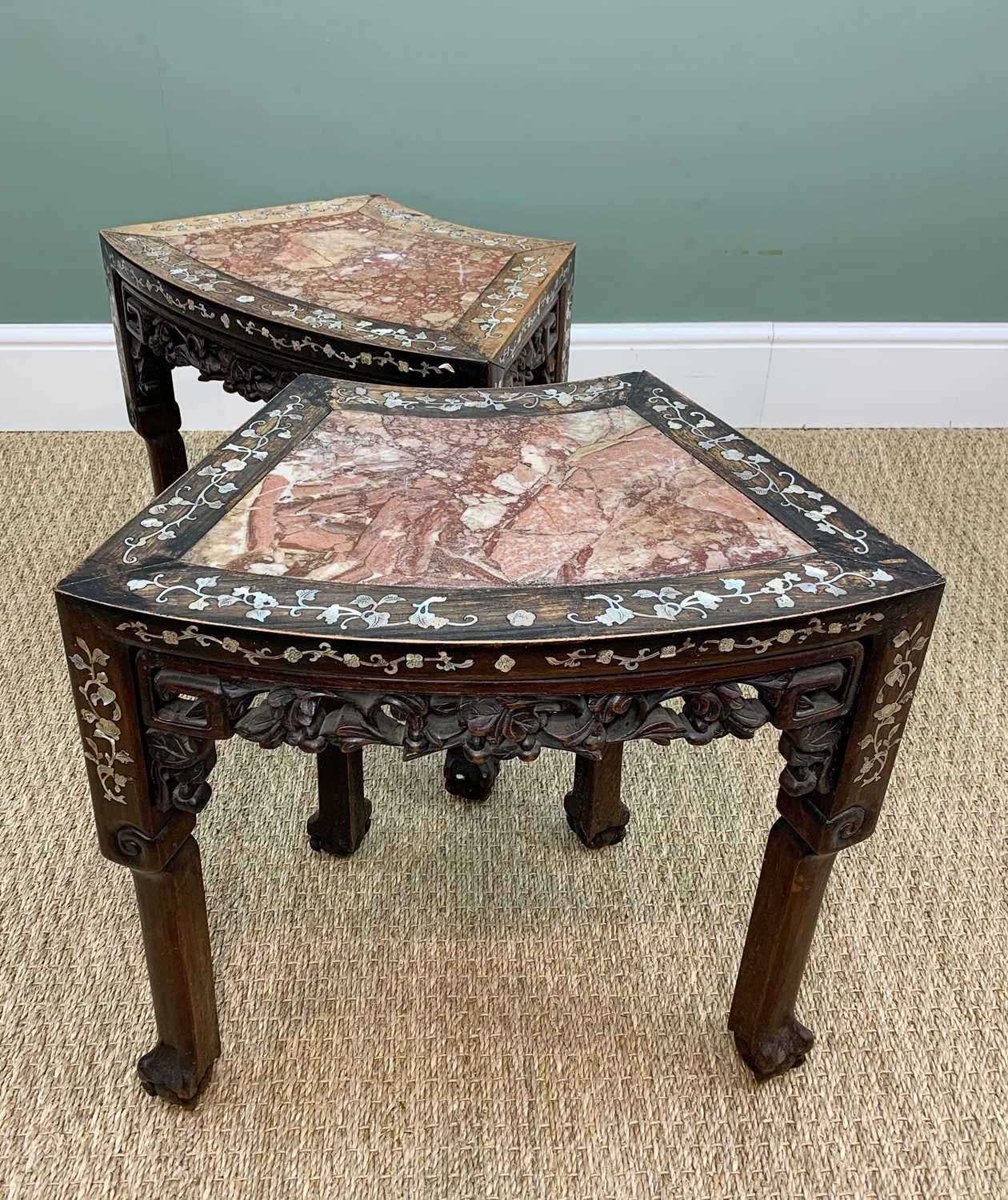 PAIR CHINESE MOTHER OF PEARL INLAID ROSEWOOD & VARIEGATED MARBLE INSET SEGMENT TABLES, carved and - Image 3 of 5