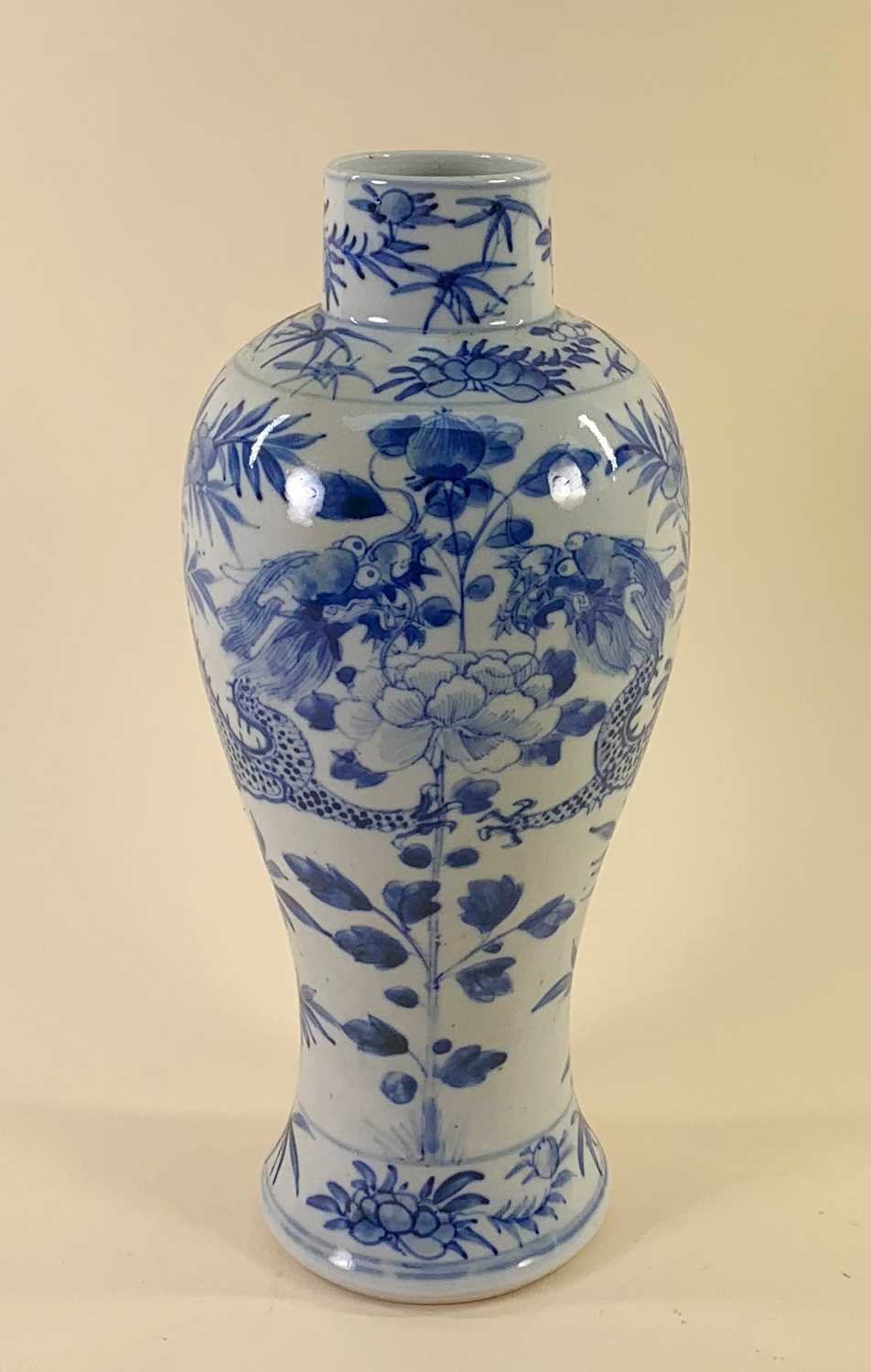 THREE CHINESE BLUE & WHITE PORCELAIN VASES, comprising pair baluster vases painted with 4-clawed - Image 7 of 14