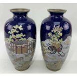 PAIR JAPANESE CLOISONNE ENAMEL VASES, Meiji Period, well-decorated with a garden gate, and with a