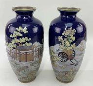 PAIR JAPANESE CLOISONNE ENAMEL VASES, Meiji Period, well-decorated with a garden gate, and with a