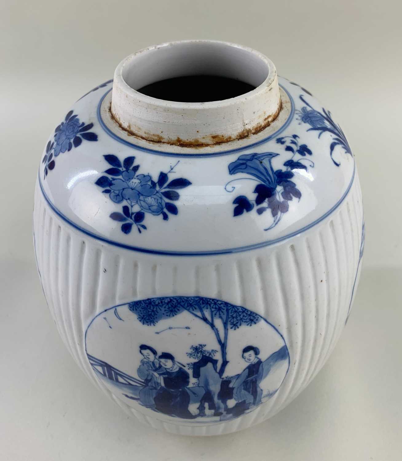 CHINESE BLUE & WHITE PORCELAIN 'LADIES' JAR, Kangxi, ribbed form and painted with four roundels with - Image 7 of 19