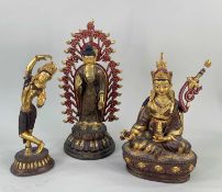 THREE MODERN NEPALESE FIGURES, parcel gilt copper, including seated Guru Rinpoche (Padmasambhava)