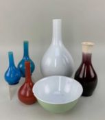 SIX CHINESE MONOCHROME CERAMICS, comprising white glazed bottle vase 22.5cm h, green glazed bowl