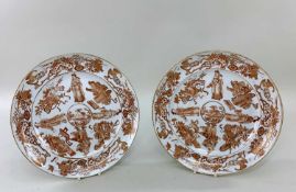 PAIR CHINESE BROWN ENAMELLED PORCELAIN SAUCER DISHES, 19th Century, borders painted with bats,