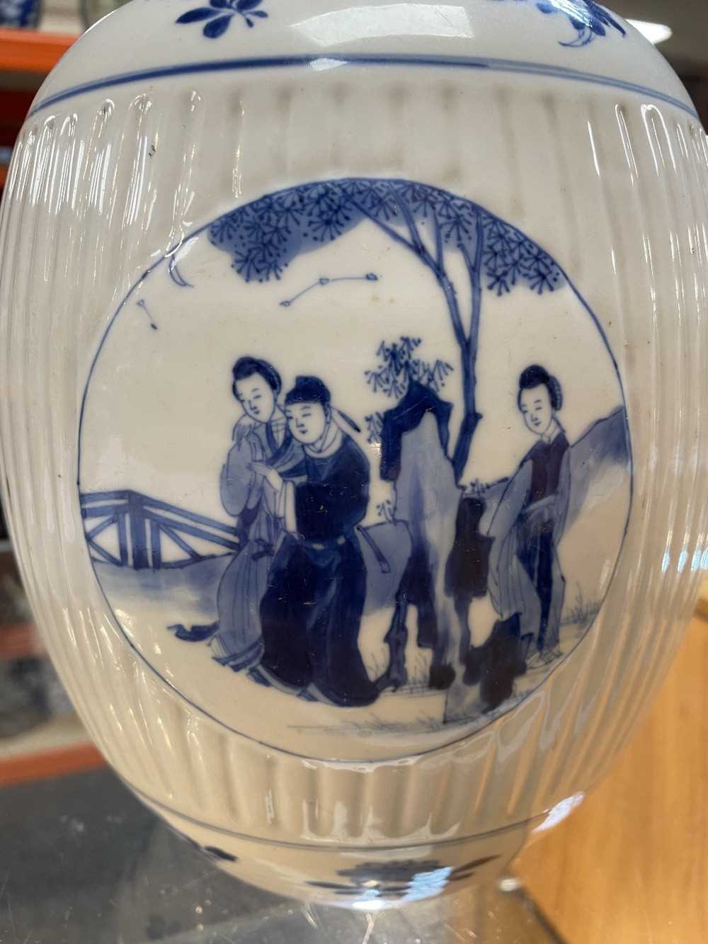 CHINESE BLUE & WHITE PORCELAIN 'LADIES' JAR, Kangxi, ribbed form and painted with four roundels with - Image 9 of 19