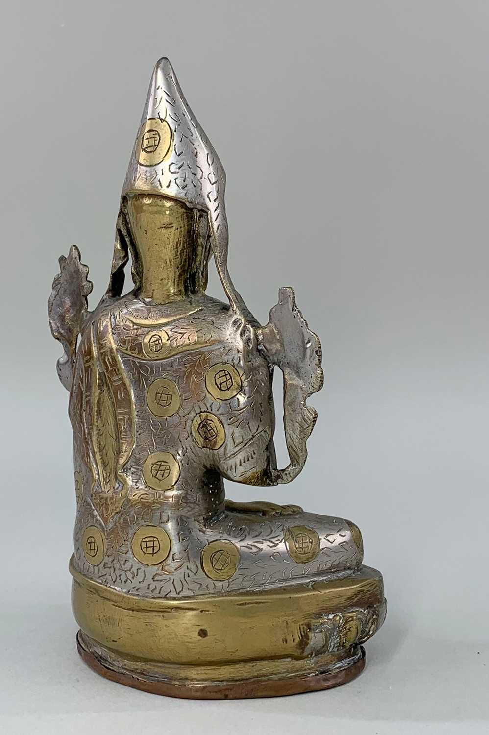 CHINESE SILVERED BRASS FIGURE OF TSONGKHAPA, 20th Century, wearing a tall pandita hat, the Gelug - Image 3 of 3