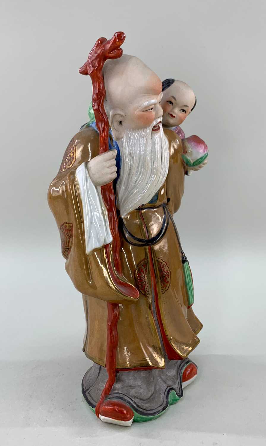 CHINESE FAMILLE ROSE PORCELAIN FIGURE OF SHOULAO, late Qing or Republic, standing with gnarled staff - Image 2 of 20